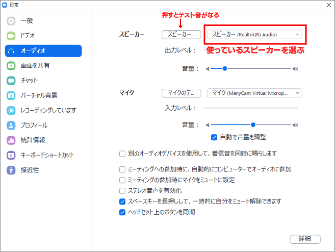 zoom設定画面・オーディオ