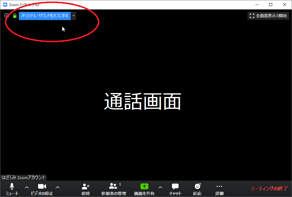 Zoom通話画面左上
青いボタンになっている状態が、カラオケBGMもOK！の状態です。